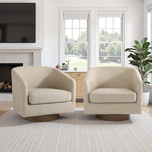 UIXE Swivel Accent Chairs Set of 2, Fabric Upholstered Barrel Chair for Living Room, Comfy Round Armchair Single Sofa Bedroom Reading Seat - 31" W, Light Brown