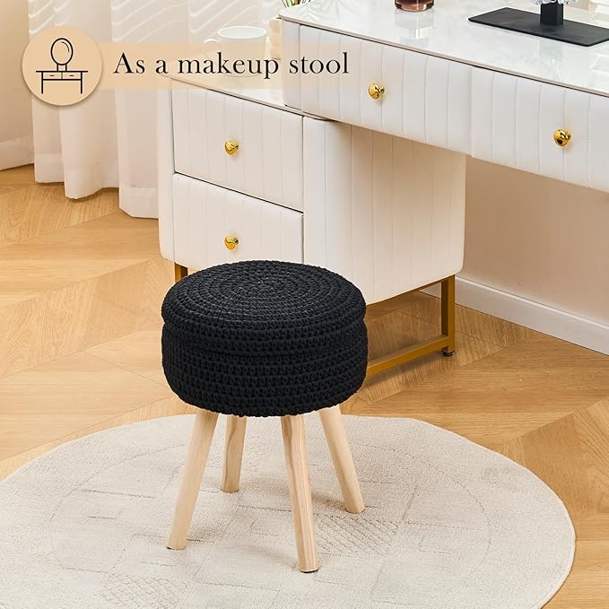 Round Foot Stool Ottoman with Storage Footrest with Wood Legs Cotton Knitted Vanity Stool Tray Top Coffee Table Multifunctional Upholstered Footstool for Living Room Bedroom Black