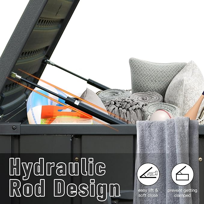 Domi 120 Gallon Deck Box, Patio Storage Box with Resin Lid, Steel Tool Waterproof Outdoor Storage Container for Outside Cushions, Lockable Outdoor Storage Bin for Garden and Pools Tools (Gray)