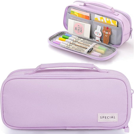 MAMUNU Pencil Case Large Capacity with 3 Compartments, Pencil Case Pouch Bag with Zipper Handle Portable Pen Stationery Organizer for Teen Girls Adults College School Office Travel, Purple