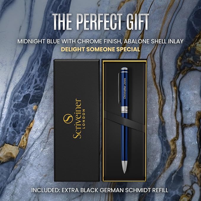 Scriveiner Personalized Midnight Blue Pen - Stunning Blue Lacquer Luxury Pen, Chrome Finish, Schmidt Ink Refill, Best Engraved Ball Point Gift Set for Men & Women, Custom Name Engraving