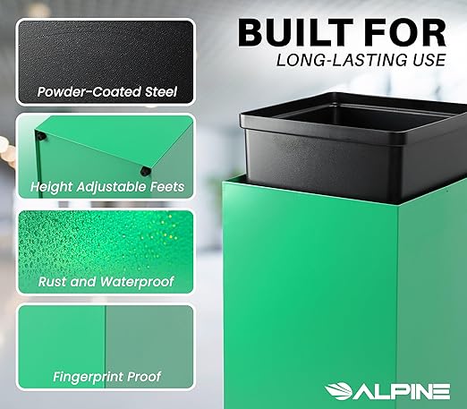 Alpine Commercial Indoor Recycle Bin - 29 Gallon Modern Looking Green Recycle Bin, Office Recycling Bins, Metal Trash and Recycling Container with Stickers & 3 Optional Lids (lid Sold Separately)