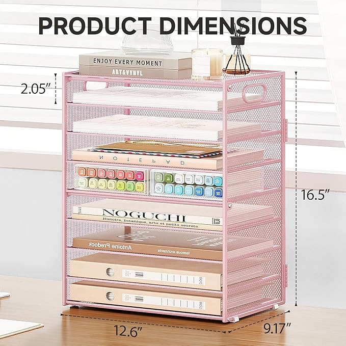 Subekyu 9 Tier Paper Letter File Tray Organizer for Desk, Pink Large Mesh Desk Folder Sorter Organizer with Handle, Include 6 Pcs Adjustable Height Slid Tray for Office Home School Supplies Storage