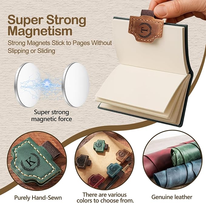 Personalized Magnetic Leather Bookmark with Pen Holder - 26 Letters Custom Book Mark with Name Initial Engraved Book Marker for Readers, Book Lovers, Travelers - Gift for Women & Men(Light Brown，Q