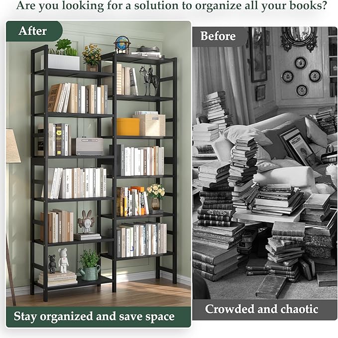 Homykic Double Wide Bamboo Bookshelf Black, 6-Tier Large Open Bookcase with 12 Display Shelves, 6ft Tall Freestanding Book Shelf for Home Office, Bedroom, Living Room, Plants