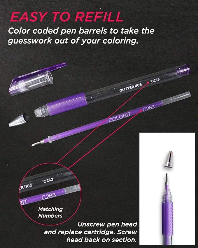 ColorIt 48 Gel Pen Ink Refills for Glitter, Metallic, and Neon - Color Coded for Easy Replacement (Glitter) - Pen Refills