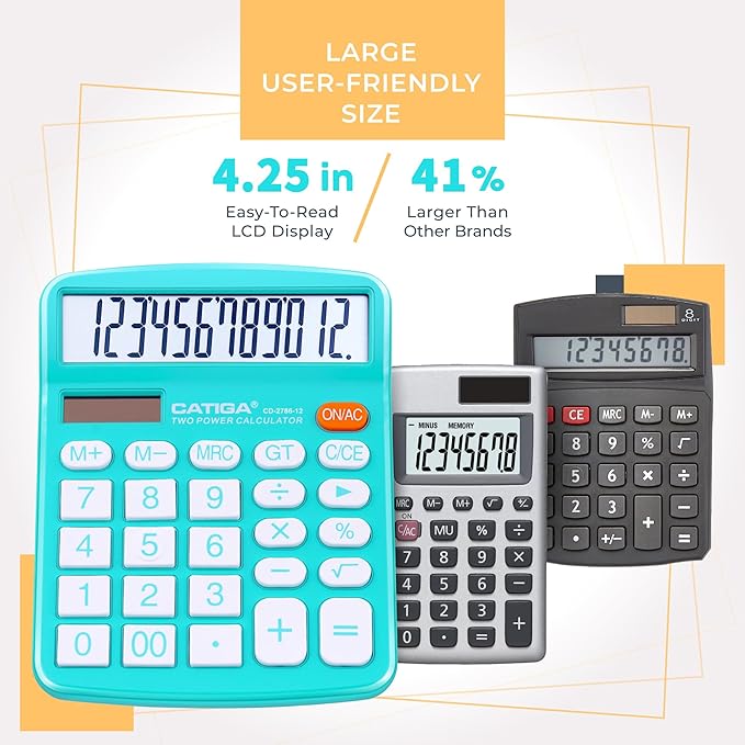 CATIGA Desktop Calculator 12 Digit with Large LCD Display and Sensitive Button, Solar and Battery Dual Power, Standard Function for Office, Home, School, CD-2786