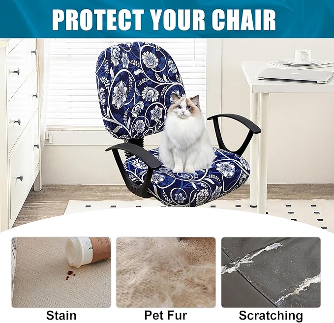 Smiry Stretch Printed Office Computer Chair Covers, Universal Washable Removable Desk Rotating Chair Slipcovers Protector, Seat + Backrest Cover - Navy Blue