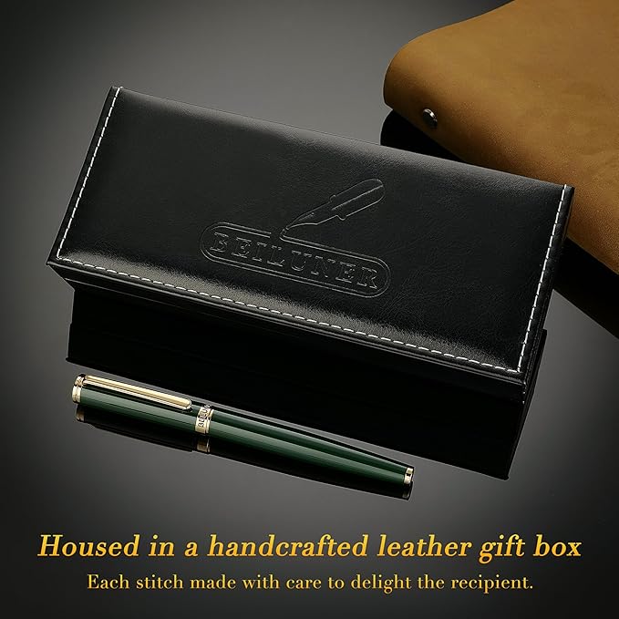 BEILUNER British Racing Green Fountain Pen,Stunning Luxury Pens with 24K Gold Accents, Gorgeous 24K Gilded Nib(Fine), Ink Converter,Fancy Pen Gift for Men&Women-Smooth, Office, Nice for Writing