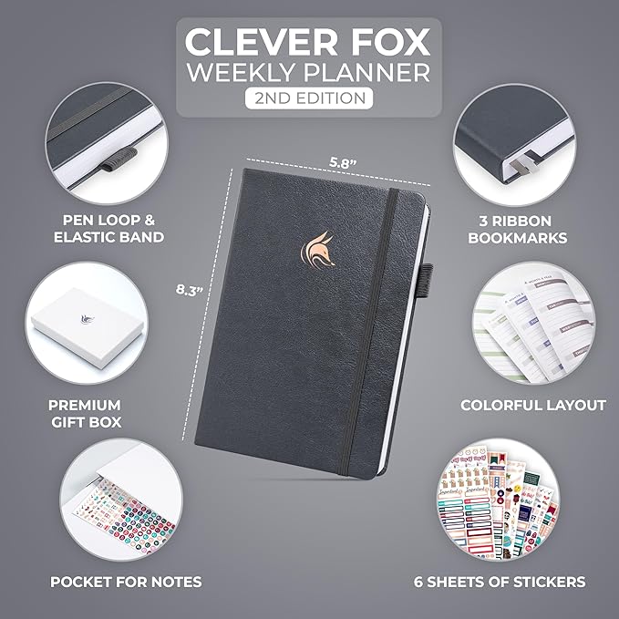 Clever Fox Planner 2nd Edition – Colorful Weekly & Monthly Goal Planner, Time Management & Productivity Organizer, Undated, A5 (Silver Black)