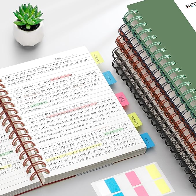 RETTACY Spiral College Ruled Notebook, 300 Pages, A4 Large Size (8.2" x 11.2"), for School, Work, Writing, Journaling, 100 GSM Thick Paper, Flexible Plastic Cover (Dark Green)