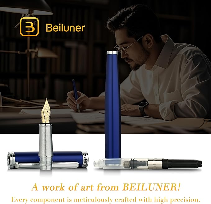 BEILUNER Luxury Fountain Pen Set,Solid 24K Gilded Medium Nib, Modern Classic Limited Edition -Includes 6 Ink Cartridges&Ink Refill Converter with Gift Case-Perfect for Men and Women（Charming blue）