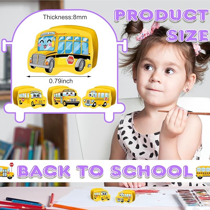 PerKoop 60 Pcs Mini Erasers for Kids Cute School Bus Erasers Bulk Welcome Back to School Gifts for Students Classroom Rewards Prizes Party Favors