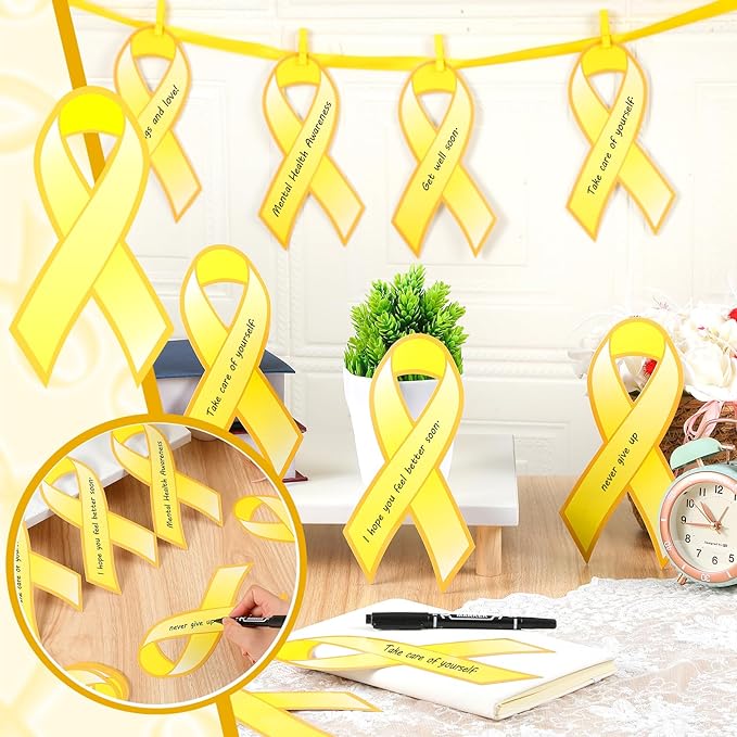 Kosiz 100 Pack Large Gold Ribbon Set 100 Childhood Cancer Ribbon Cutouts 2 Marker Pens 100 Wooden Clips with Rope Neuroblastoma Cancer Awareness Items for Public Charity Party Supplies