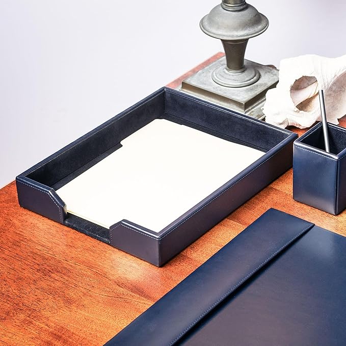 Dacasso Navy Blue Bonded Leather Luxury Letter Tray Holder & Paper Organizer for Desk - Executive Desk Decor & Office Organization Essential