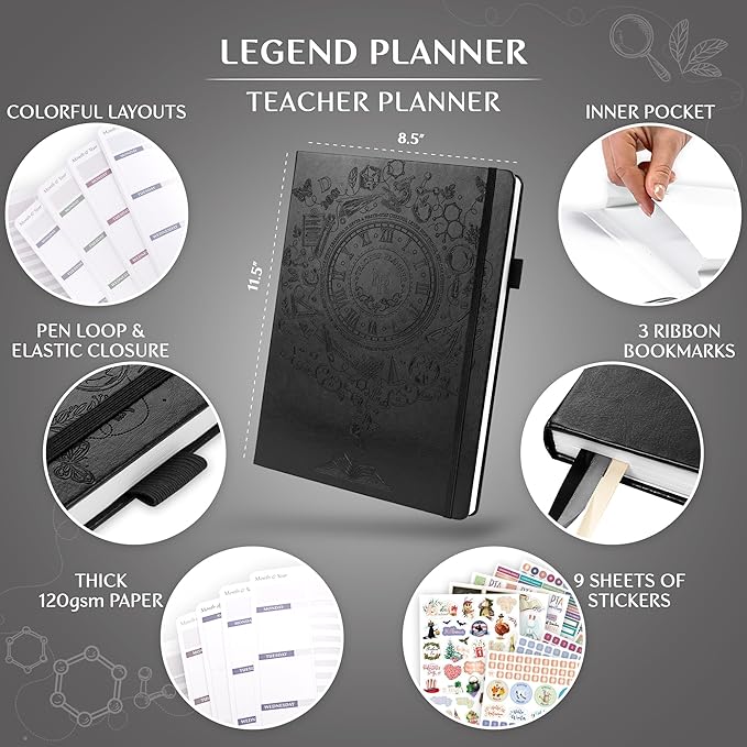 Legend Teacher Planner – Undated Lesson Plan Book for Teachers with Weekly & Monthly Calendars - Classroom Organization & School Year Planner – 8.5”x11.5” Hardcover (Black Debossed)