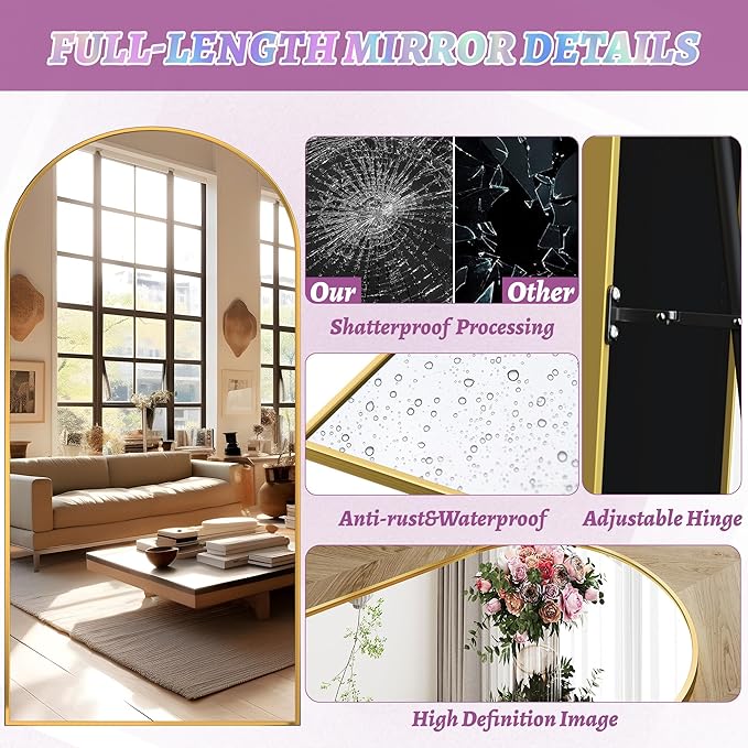 Full Length Mirror, 81"x41" Oversized Floor Mirror Freestanding, Full Body Floor Standing Mirror with Stand, Hanging Mounted for Bedroom Living Room, Gold, Arched Style