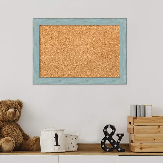 Amanti Art Natural Cork Board for Wall, 14x20 Vision Board with Blue Wood Frame, Small Corkboard Office Decor for Home Organization, Rustic Farmhouse Corkboard Pinboard to display items for home