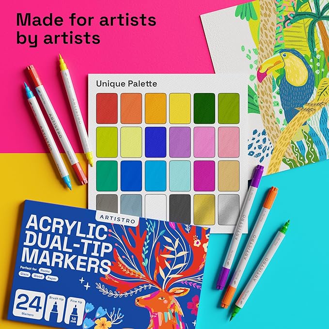 ARTISTRO Acrylic Paint Markers for Fabric, Rock, Wood, Glass, Craft - 24 Quick Dry Dual-Tip Fabric Paint Pens for Halloween Decorations - Pumpkin Painting Kit, Art Supplies, Christmas Gift