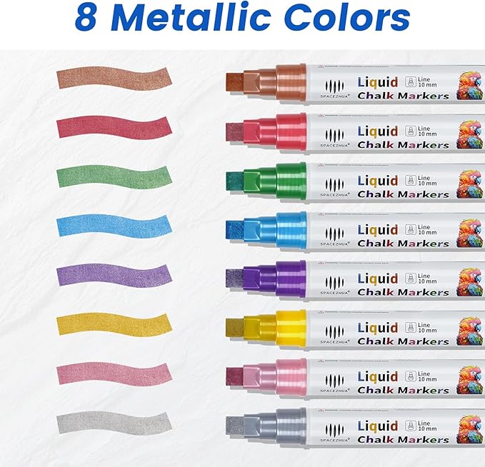 Jumbo Chalk Markers for Windows Washable, 8 Metallic Colors Liquid Chalk Pens Erasable with 10mm Thick Tips for Auto, Glass, Mirror, Poster, Bistro, Blackboard, Car of DIY