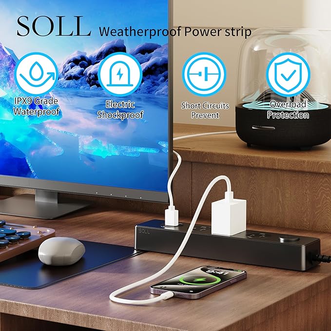 SOLL IPX9 Outdoor Power Strip Weatherproof, Surge Protector Power Strip with 3 Outlet and 3 USB Charging Ports(2 USB C), 5.18FT Extension Cord for Patio, Garden, Bathroom, Kitchen, Garage, Office