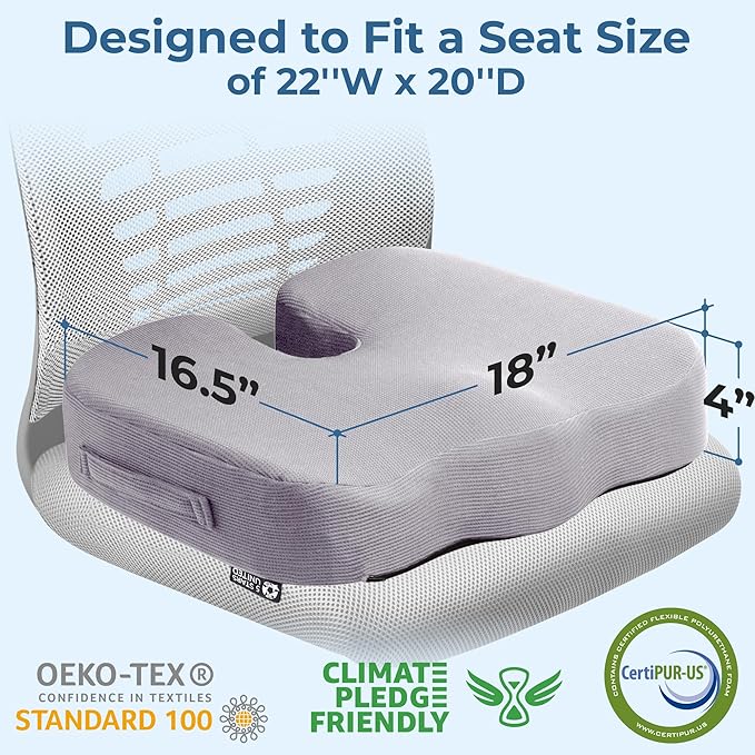 5 STARS UNITED Seat Cushion for Tailbone Pain Relief – Large Memory Foam Lifting Pillow for Coccyx, Hip, Sciatica & Post-Surgery Recovery – Wheelchair, Car, Desk, Gaming & Office Chairs, Light Gray