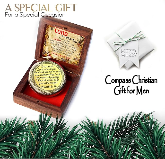 Trust in The Lord With All Your Heart - Proverbs 3:5-6 Quote Engraved Compass With Wooden Box, Greeting Card, Gift Compass, Graduation Day Gifts 2024 for Women Men Boys Girls