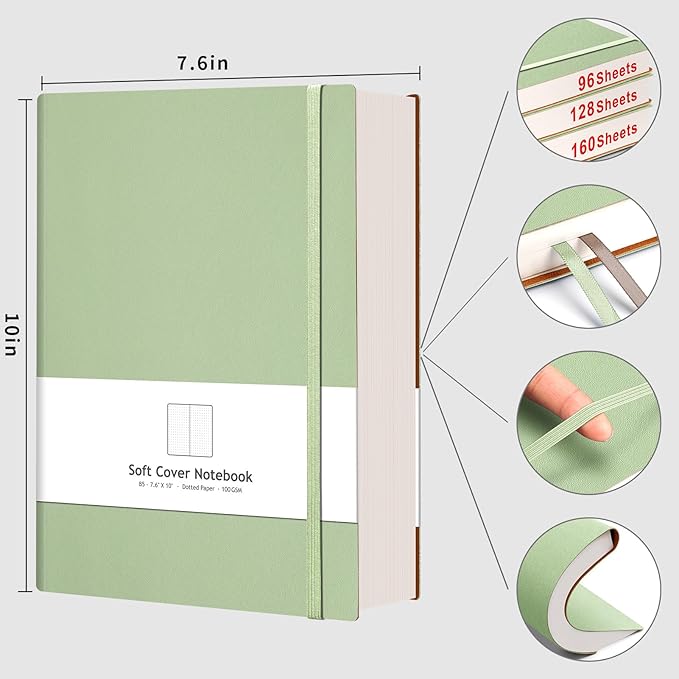 AHGXG Bullet Dotted Journal - 320 Pages Dot Grid Notebook B5 Large Journal, 100gsm Thick Dotted Paper, Leather Softcover, with Journal Stencils, Inner Pocket, 7.6'' X 10'' - LightGreen