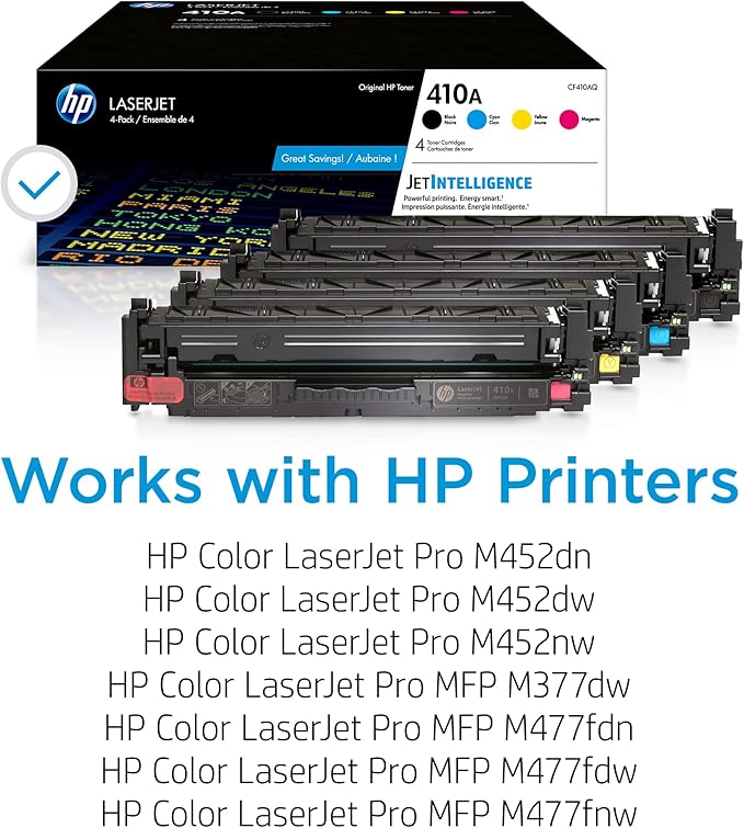 HP 410A Black, Cyan, Magenta, Yellow Toner Cartridges (4-pack) | Works with HP Color LaserJet Pro M452 Series, HP Color LaserJet Pro MFP M377, M477 Series | CF410AQ
