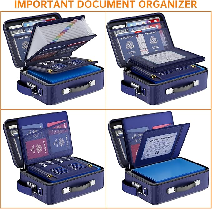 DocSafe Fireproof Document Box with Lock＆Shoulder Strap,Hard Case File Organizer with Accordion File Folder,Multi-Layer Portable Home Office Travel Safe Storage for Important Documents Laptop Blue