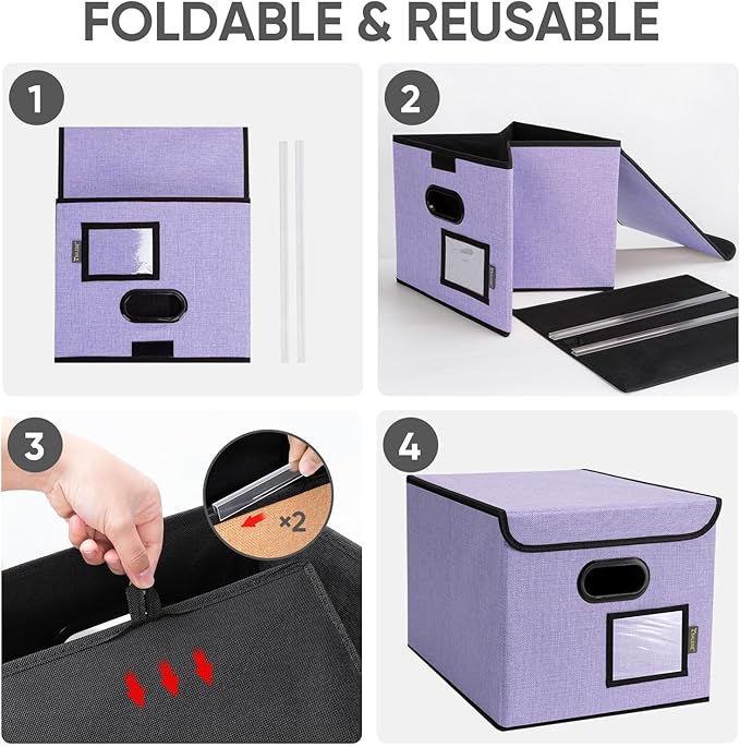 BALEINE File Organizer Box with Lid, Collapsible File Folder Organizer with Plastic Slide, Hanging File Folder Box for Office Document Storage (1 Pack, Purple)