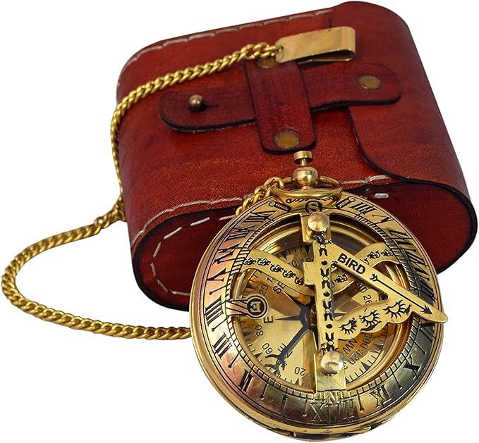 Vintage Brass Sundial Compass with Leather Case - Antique Brass & Copper Sun Clock for Camping, Hiking, Touring - Engraved Gift for Him - Nautical Ship Replica Watch - Sundial Clock in Box
