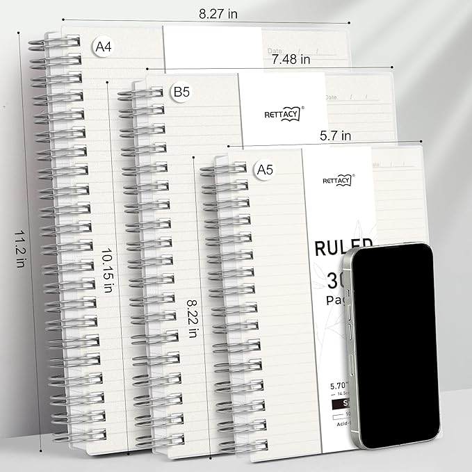RETTACY Spiral College Ruled Notebook, 300 Pages, A5 Medium Size (5.7" x 8.2"), for School, Work, Writing, Journaling, 100 GSM Thick Paper, Flexible Plastic Cover (Transparent)