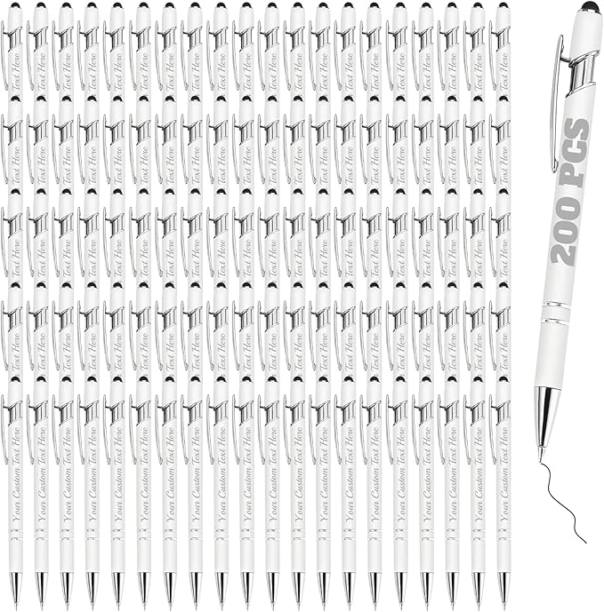 Personalized Pens Bulk 200 with Name Custom Engraving Ballpoint Pens with Stylus Tip Customized Smooth Writing Pens Personalized Gifts for Anniversary Birthday or Graduation(White,Black Ink)