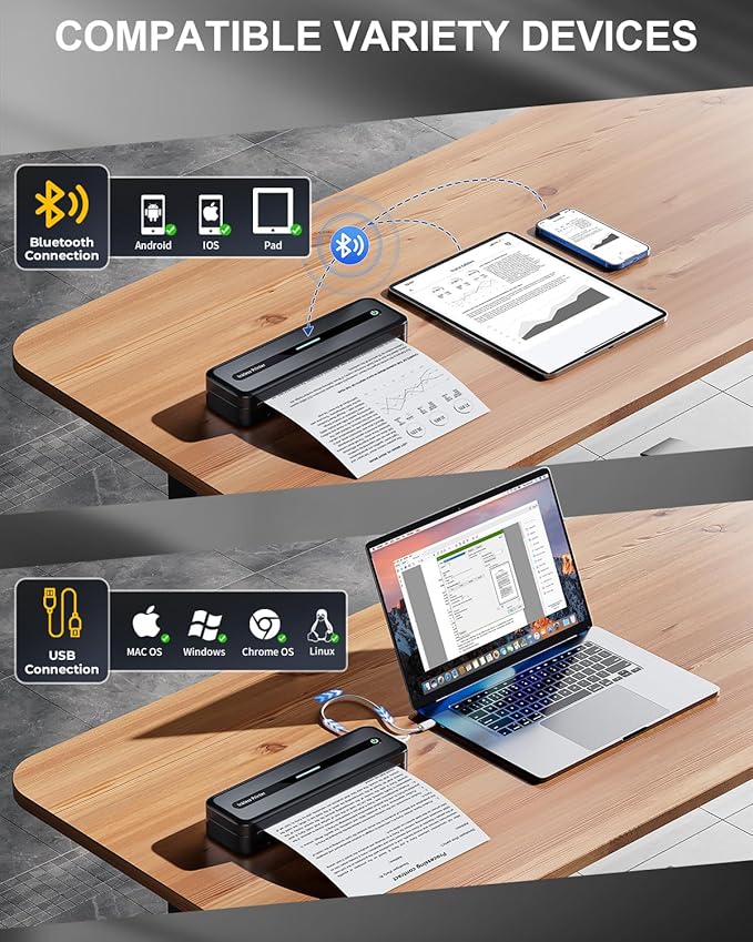 COLORWING Portable Printers Wireless for Travel, 300DPI Mini Compact Inkless Printer, Thermal Bluetooth Printer Compatible with Android and iOS Smartphone & Tablet & Laptop - Black