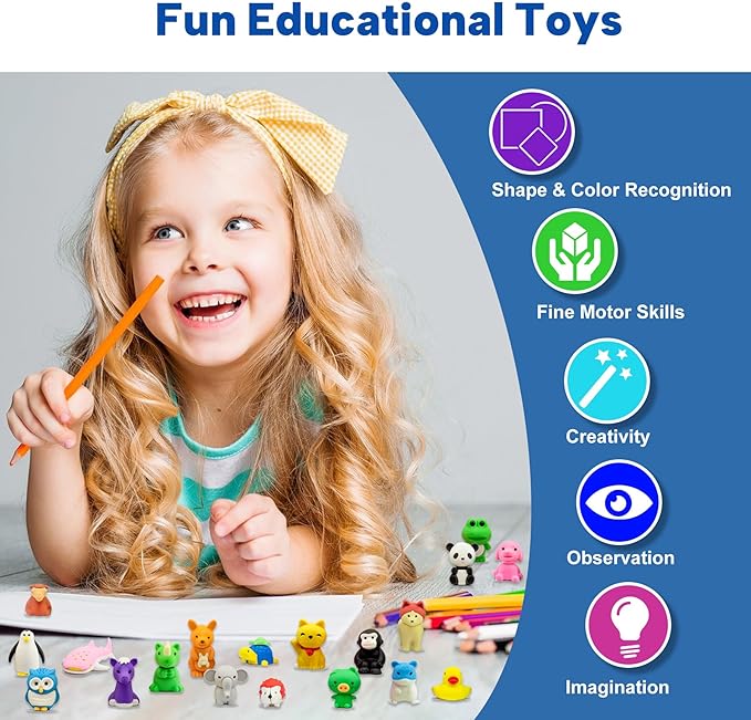 Animal Erasers for Kids, 45 Pcs Pencil Erasers Bulk Mini Animal Erasers Treasure Box Toys for Classroom Prizes School Supplies Party Favors