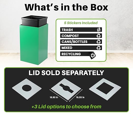 Alpine Commercial Indoor Recycle Bin - 29 Gallon Modern Looking Green Recycle Bin, Office Recycling Bins, Metal Trash and Recycling Container with Stickers & 3 Optional Lids (lid Sold Separately)
