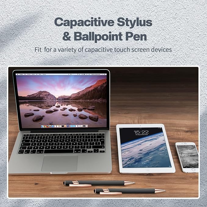 8 Pieces Ballpoint Pen with Stylus Tip Black Ink 2 in 1 Stylus Metal 1.0 mm Medium Point Smooth Pen Rainbow Colorful Rubberized Ballpoint for Touch Screen Tablet(Gray)