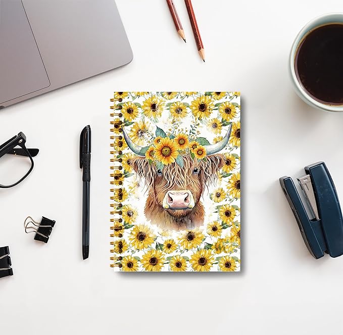 Highland Cow Notebook Journal - Sunflower Notebook, 5.5×8.3 Summer Sunflower Spiral Journal Notebook, Highland Cow Gifts, Cow Gifts for Women, 164 Pages