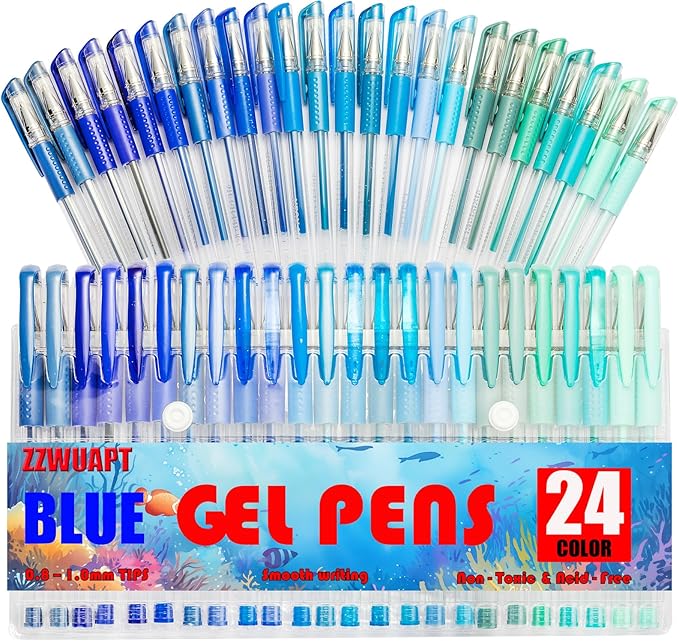 Blue Gel Pens for Coloring Book,72 Color Gel Pens Set including 24 Color Gel Pen with 48 Refills,40% More Ink Colored Gel Pens for Drawing, Doodling, Scrapbook, Journaling