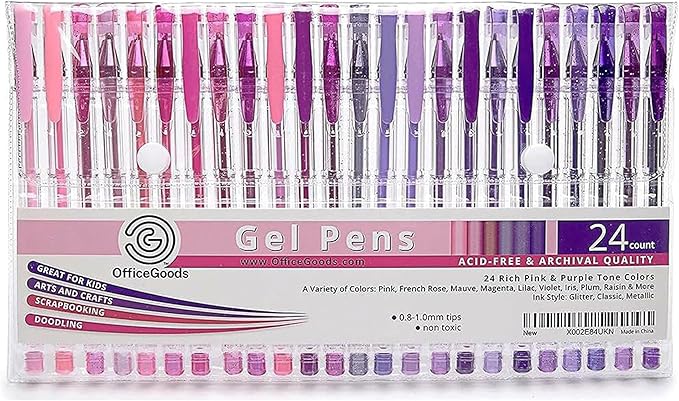 OfficeGoods Pink Purple Gel Pens with Refills – Pastel Adult Coloring Art – Medium 0.8-1.0mm Tips – Non-Toxic Gel Pens Set – Quick Dry Smudge-Free 24 Pack Colors