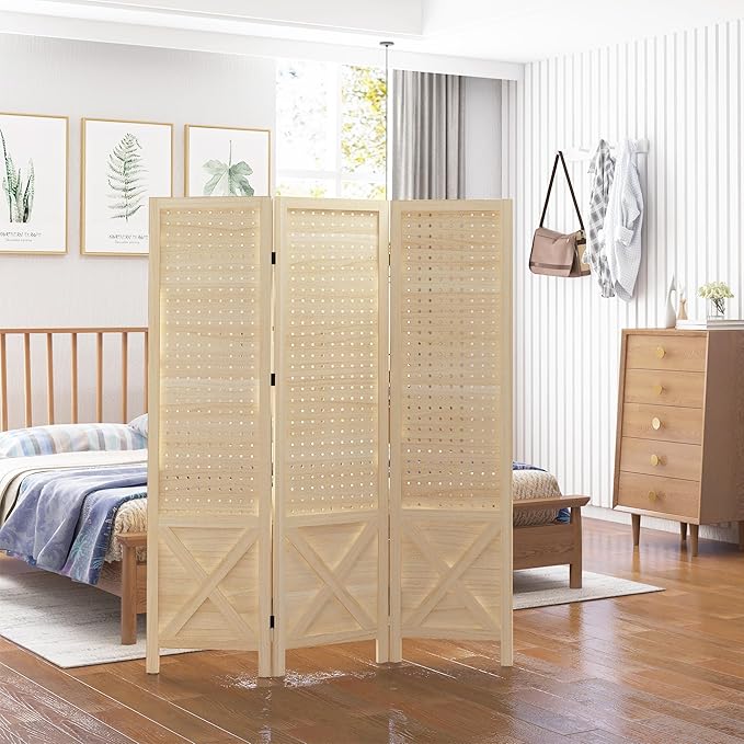 NicBex Room Divider 3 Panel Room Dividers with Pegboard Design Partition Room Dividers and Folding Privacy Screens 4.7 FT Wall Divider for Home, Office, Room Separation,45"W x 0.75"D x 57"H, Natural