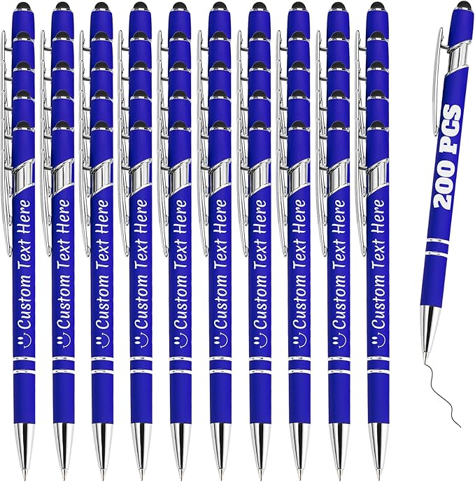 Personalized Pens Bulk 200 with Name Custom Engraving Ballpoint Pens with Stylus Tip Customized Smooth Writing Pens Personalized Gifts for Anniversary Birthday or Graduation(Blue,Black Ink)