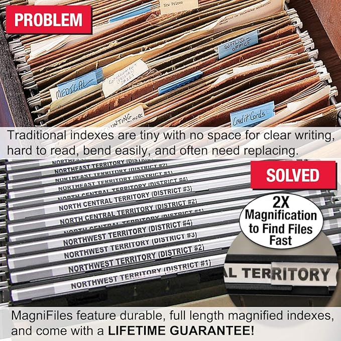 New Ultimate Office MagniFile Insertable Hanging File Folder Tabs. Indexes That Double The Size of Your File Titles to Find Files Fast! (Set of 10), Black