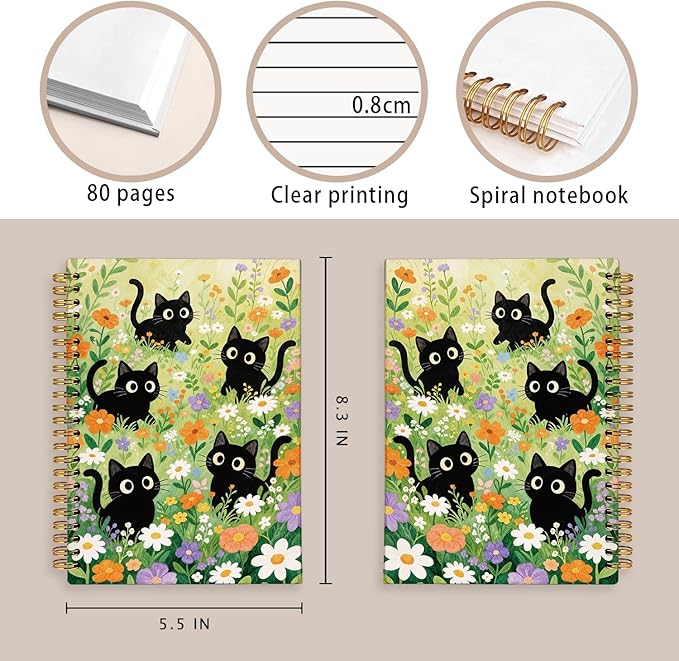 LIANHW Cute Cat Journals Notebook, Cute Notebooks for School Aesthetic, Cat Lover Gifts Notebooks for Note Taking, Cat Mom Lady Gifts for Women Journal, Black Kittens Journal 5.5x8.3 Inch