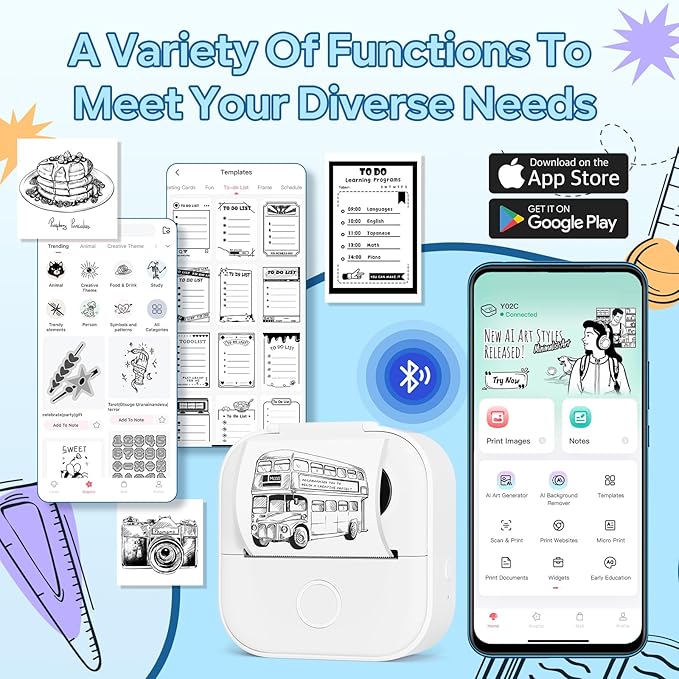 Print Pods Mini Printer, Sticker Maker Machine Y02C, Mini Portable Printer with 1 Roll Paper, Bluetooth Inkless Receipt for Phone, Thermal Portable Maker for Journal, Note, Photos, Learning