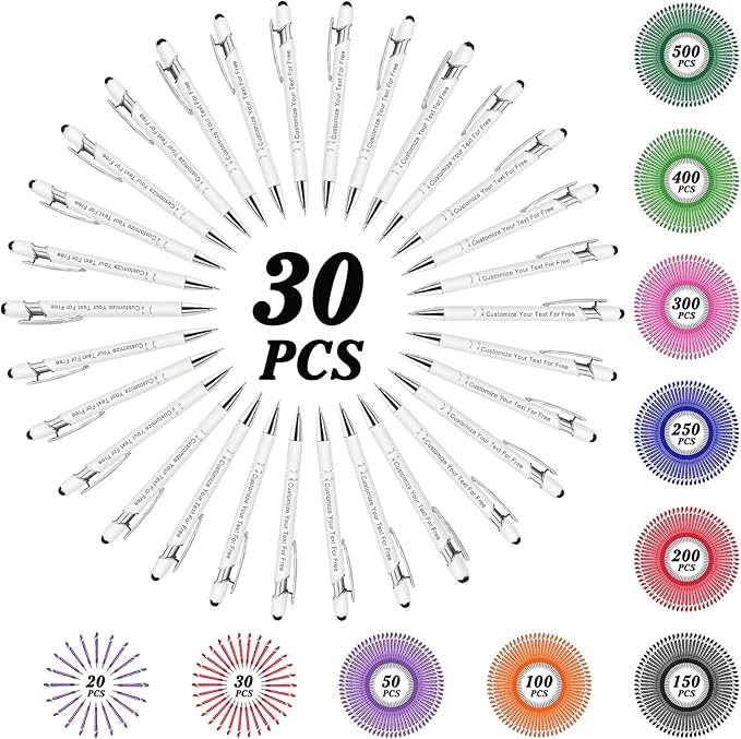 Max 500 Pcs Personalized Pens Bulk, Custom Pens with Free Engraving, Customized Stylus Tip Ballpoint Pen with Your Name Massage Text for School Office Business Graduation Anniversaries-30 Packs