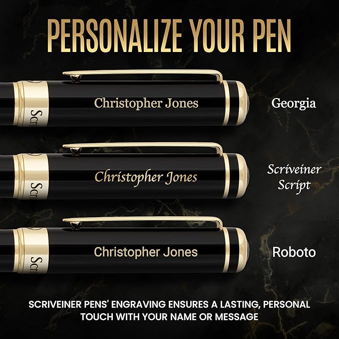 Scriveiner Personalized Black Ballpoint Pen - Stunning Luxury Pen, Jet Black Lacquer, Real Gold Plating, Schmidt Ink Refill, Best Engraved Ball Point Gift Set for Men & Women, Custom Name Engraving