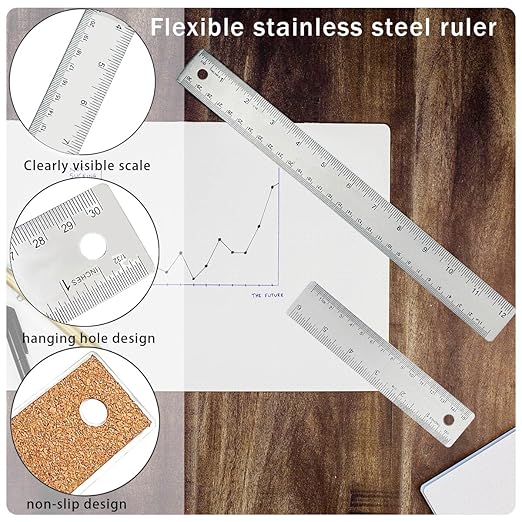 Metal Ruler 6 Inch 12 Inch Stainless Steel Metal Ruler with Cork Backing, Non-Slip Rulers with Inch and Centimeters, Straight Edge Cork Base Rulers for Student School Office Drafting Tools