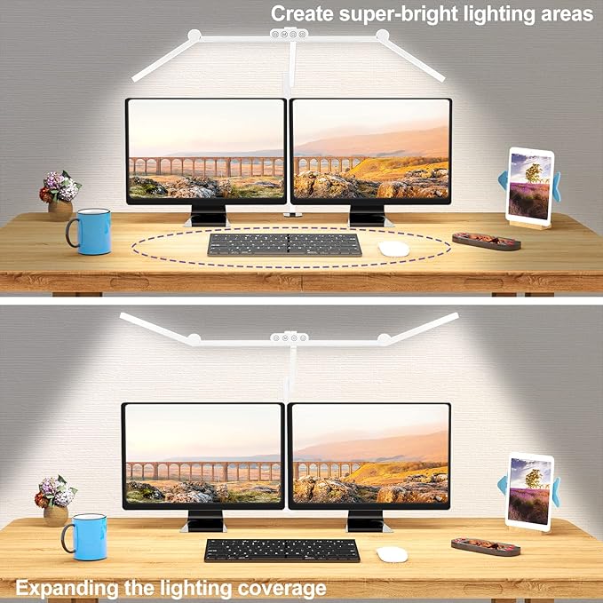 Micomlan Led Desk Lamp for Home Office, White Architect Desk Lamp with Clamp for Crafting, 24W Bright Rotatable Led Table Light Stepless Dimming Tempering Wide Computer Light with Atmosphere Lighting